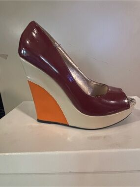 Qupid Burgundy Peep-Toe Wedge Pumps with Orange and Cream Accents